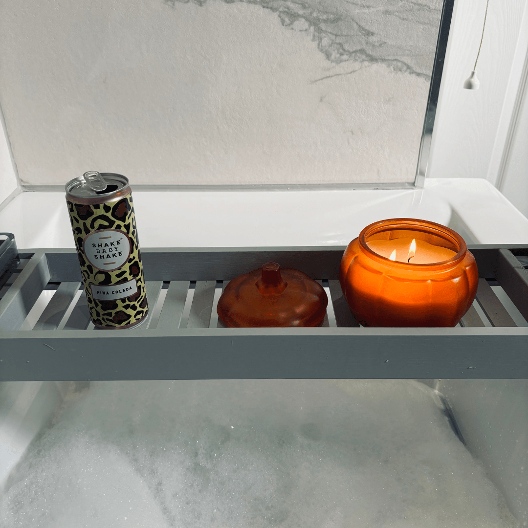 Relaxing with a can of Shake Baby Shake cocktail in a bubble bath