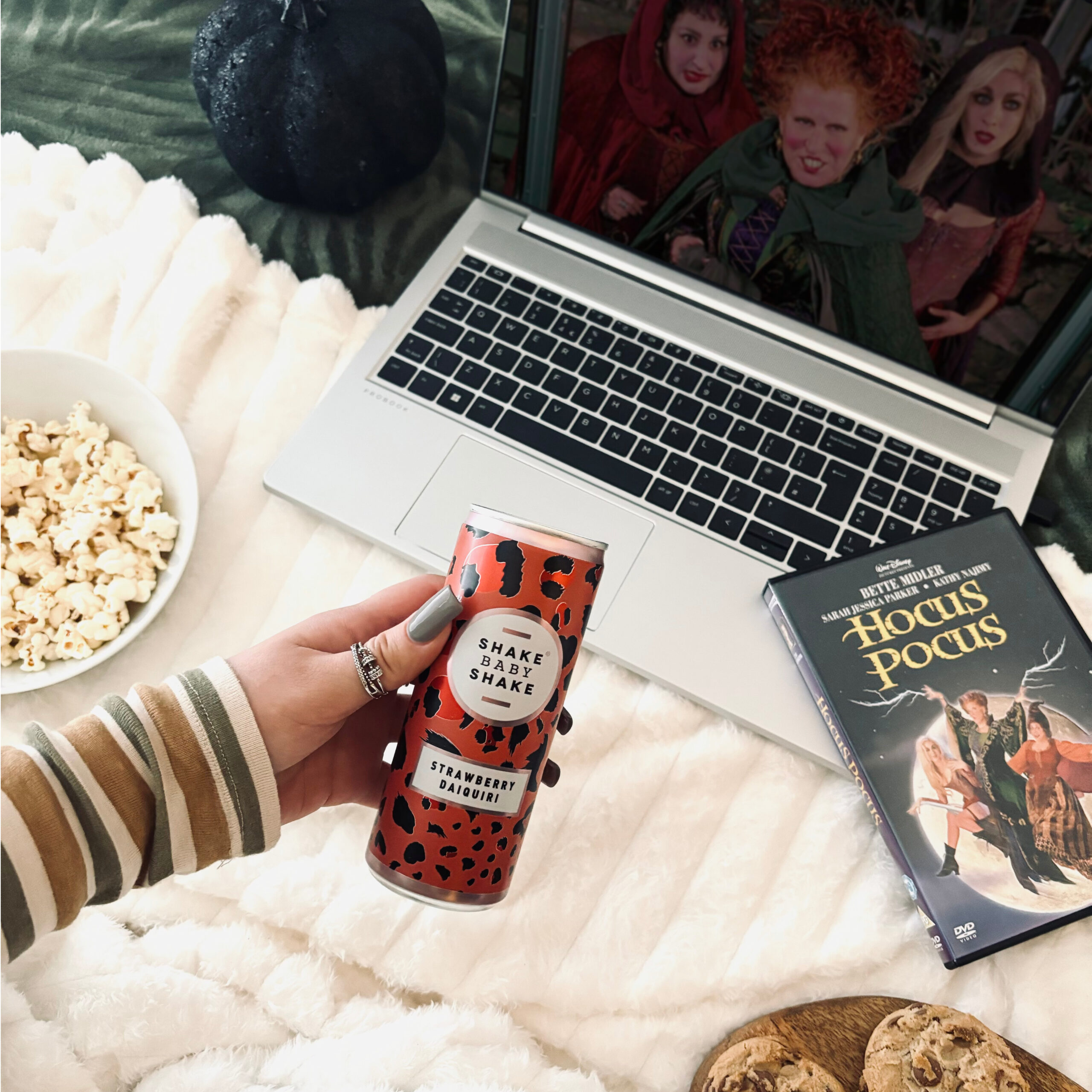 Halloween movie with a canned cocktail